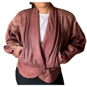 Vintage 80s Winlit Burgundy Leather Wrap Jacket Belted Power Shoulders M